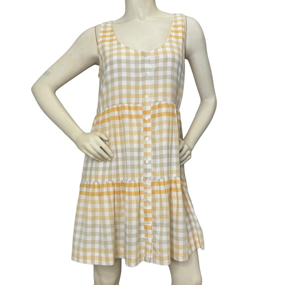 MADEWELL Yellow, White & Gray Plaid Button Down Sleeveless Tiered Ruffle Dress,M - Picture 5 of 16